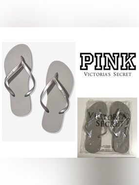 🆕VICTORIA’S SECRET PINK - M 7/8 - NWT - SILVER GREY FLIP FLOPS / SANDALS
